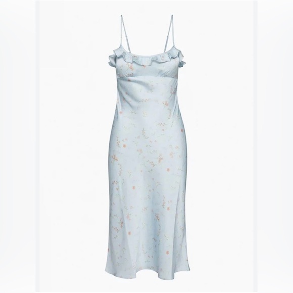 Wilfred Dresses & Skirts - Aritzia Wilfred “Ovation”  Ruffle Satin Slip Dress - Blue Floral
